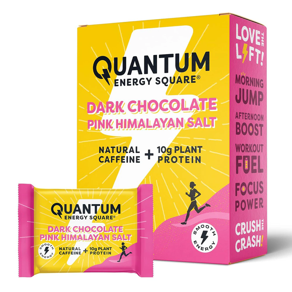 Quantum Energy Square Caffeine & Protein Bars Dark Chocolate Pink Himalayan Salt -- 8 Bars