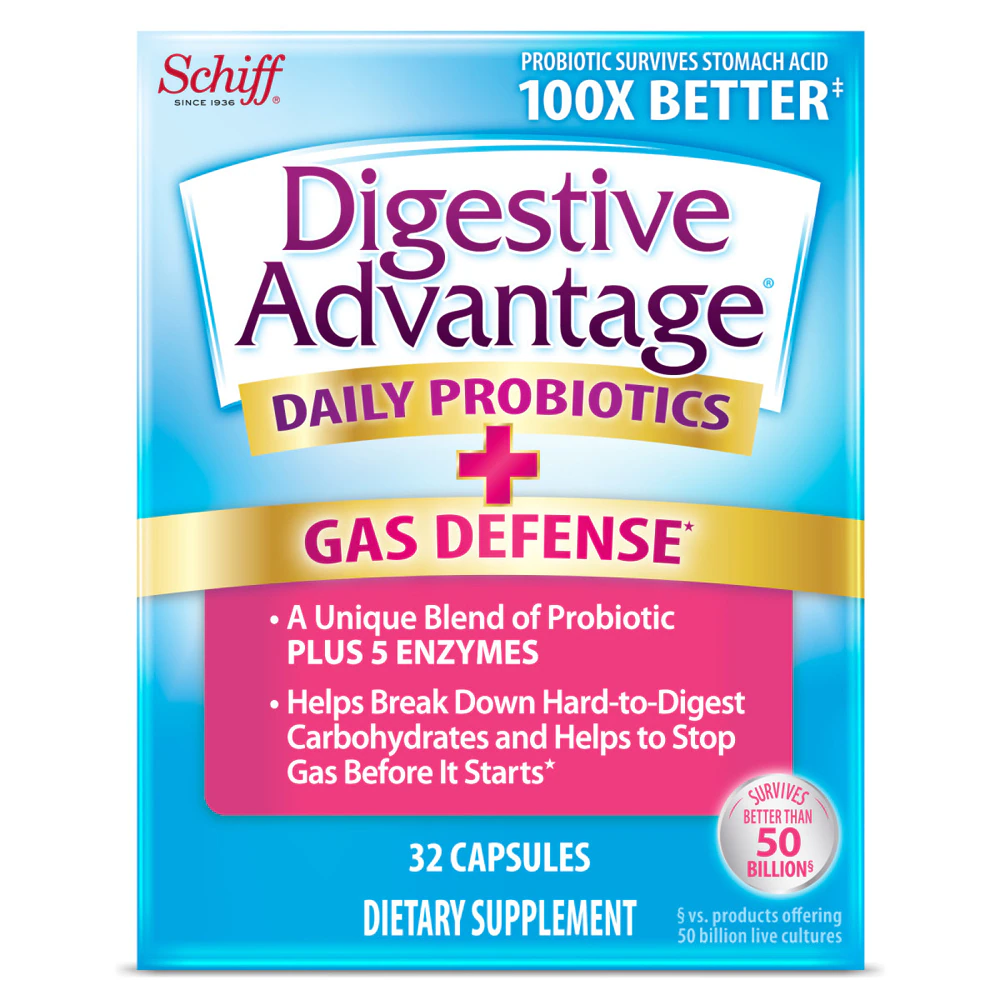 Schiff Digestive Advantage Capsules Daily Probiotic + Gas Relief Digestive Enzymes -- 32 Capsules