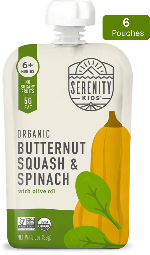 Serenity Kids Organic Baby Food Puree 6+ Months Butternut Squash & Spinach -- 6 Pouches