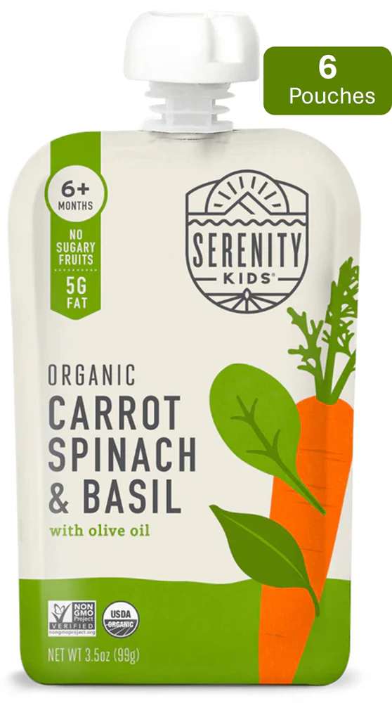 Serenity Kids Organic Baby Food Puree 6+ Months Carrot Spinach Basil -- 6 Pouches