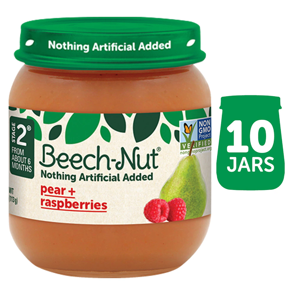 Beech-Nut Baby Food Puree 6+ Months Pear & Raspberries -- 10 Jars