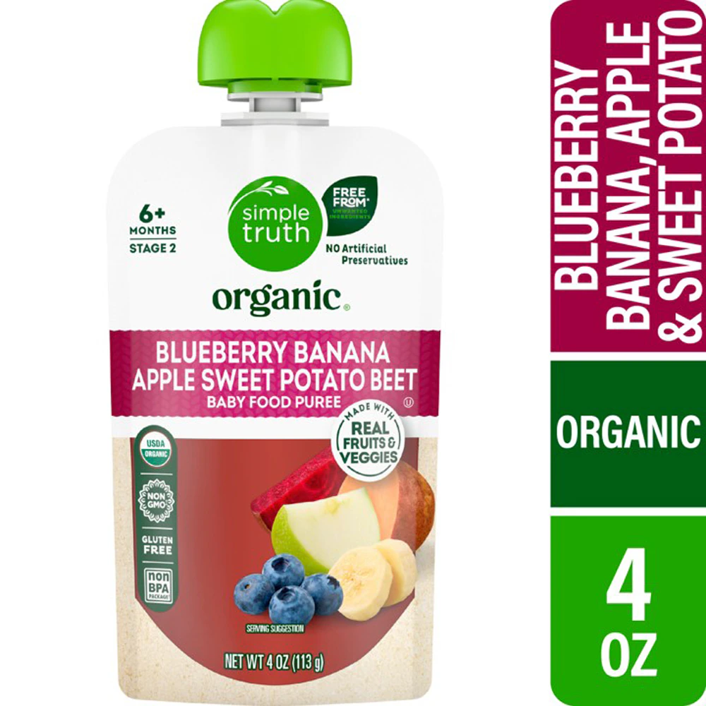 Simple Truth Organic Baby Food Puree Level 2 Blueberry Banana Apple Sweet Potato & Beet -- 4 oz