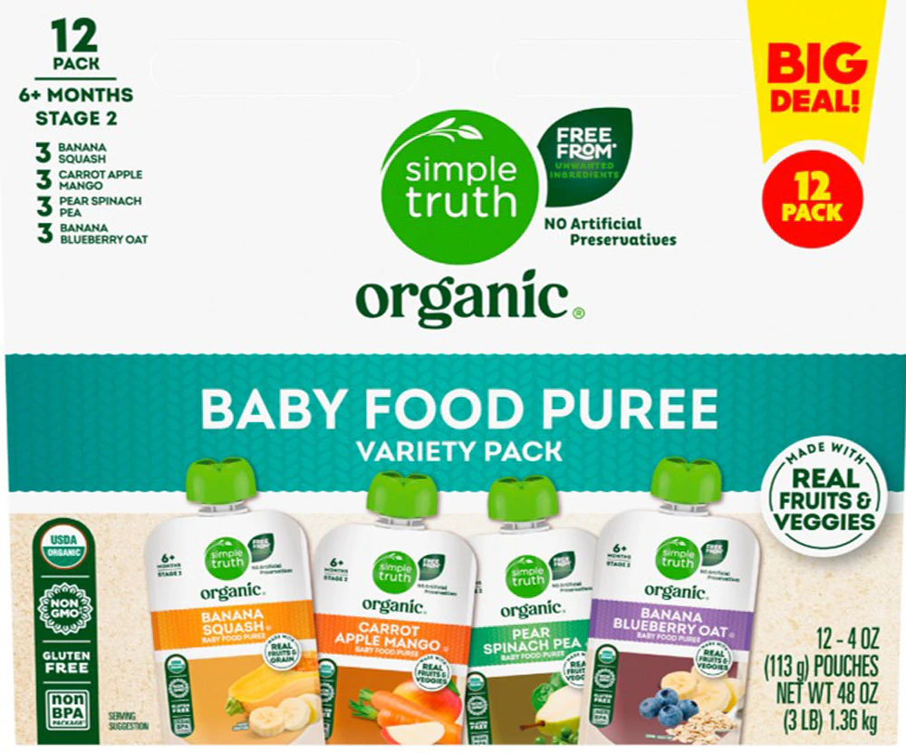 Simple Truth Organic Baby Food Puree Level 2 Variety 1 Fruit & Veggies -- 12 Pouches