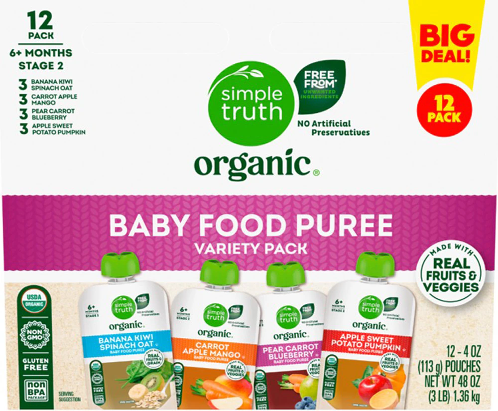 Simple Truth Organic Baby Food Puree Level 2 Variety 2 Fruit & Veggies -- 12 Pouches
