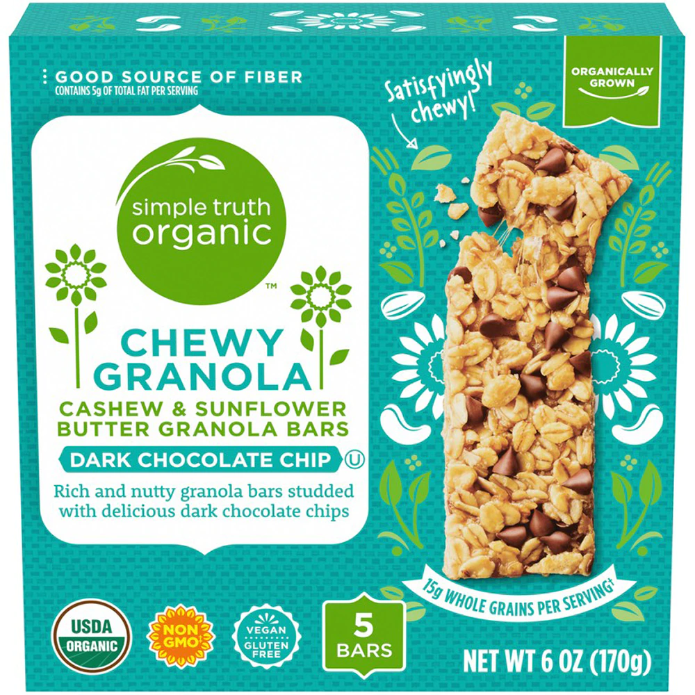 Simple Truth Organic Chewy Granola Cashew & Sunflower Butter Granola Bars Dark Chocolate Chip -- 5 Bars