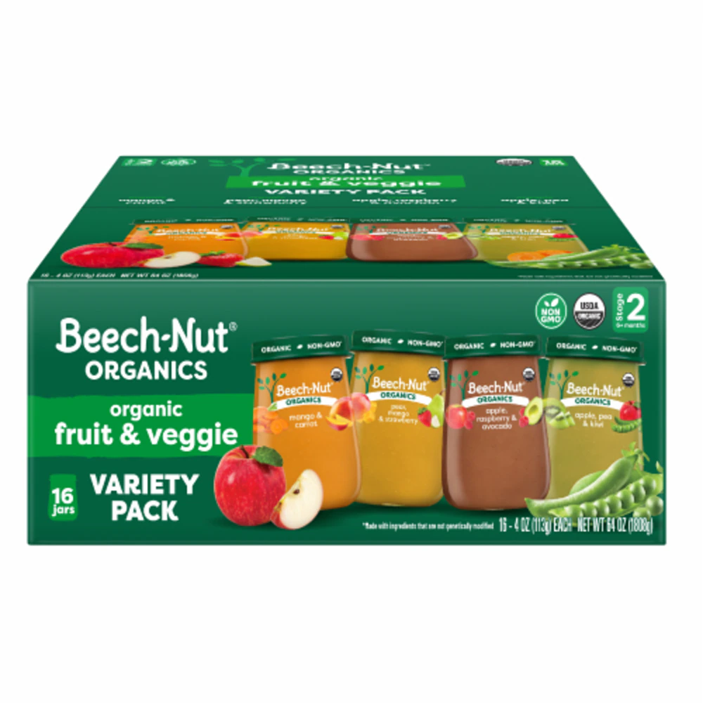 Beech-Nut Organics Baby Food Puree 6+ Months Fruit & Veggie -- 16 Jars