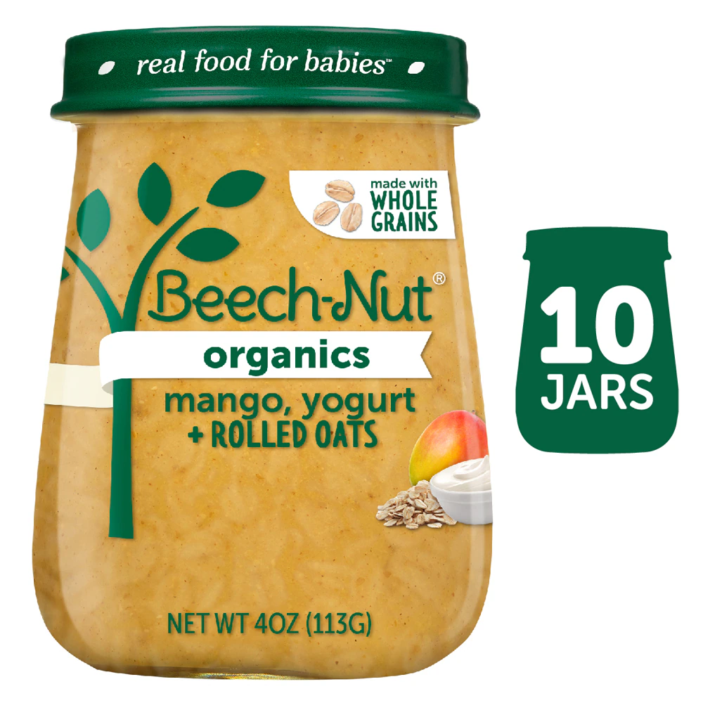 Beech-Nut Organics Baby Food Puree 8+ Months Mango Yogurt + Rolled Oats -- 10 Jars