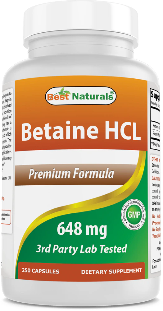 Best Naturals Betaine HCL -- 648 mg - 250 Capsules