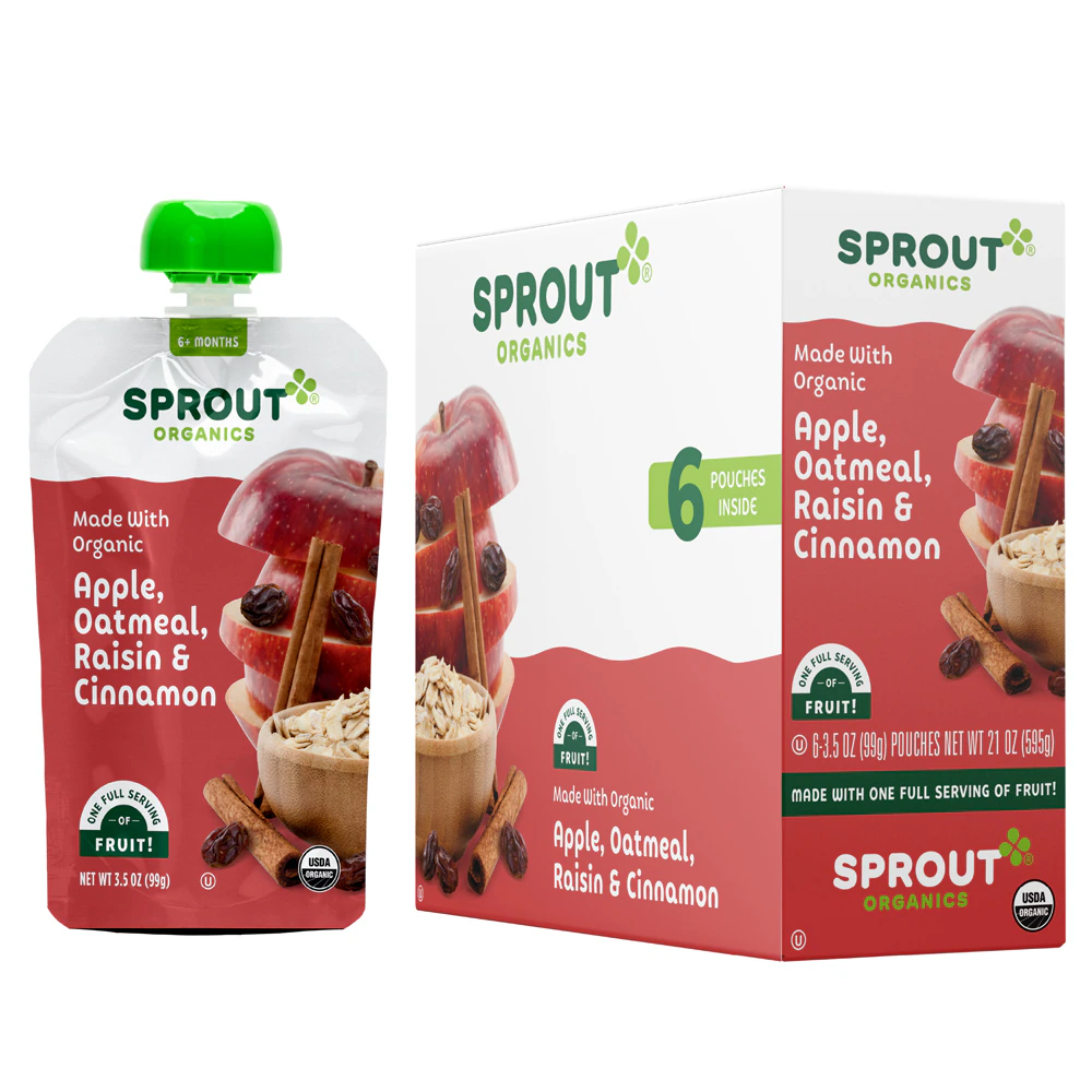 Sprout Organics Oatmeal 6+ Months Apple Raisin Cinnamon -- 6 Pouches