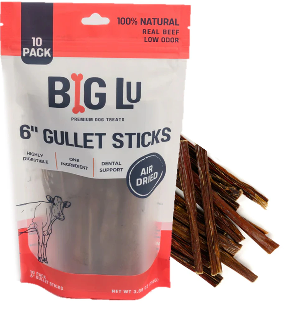 Big Lu Natural Dog Treats 6" Gullet Sticks Air Dried -- 10 Pack