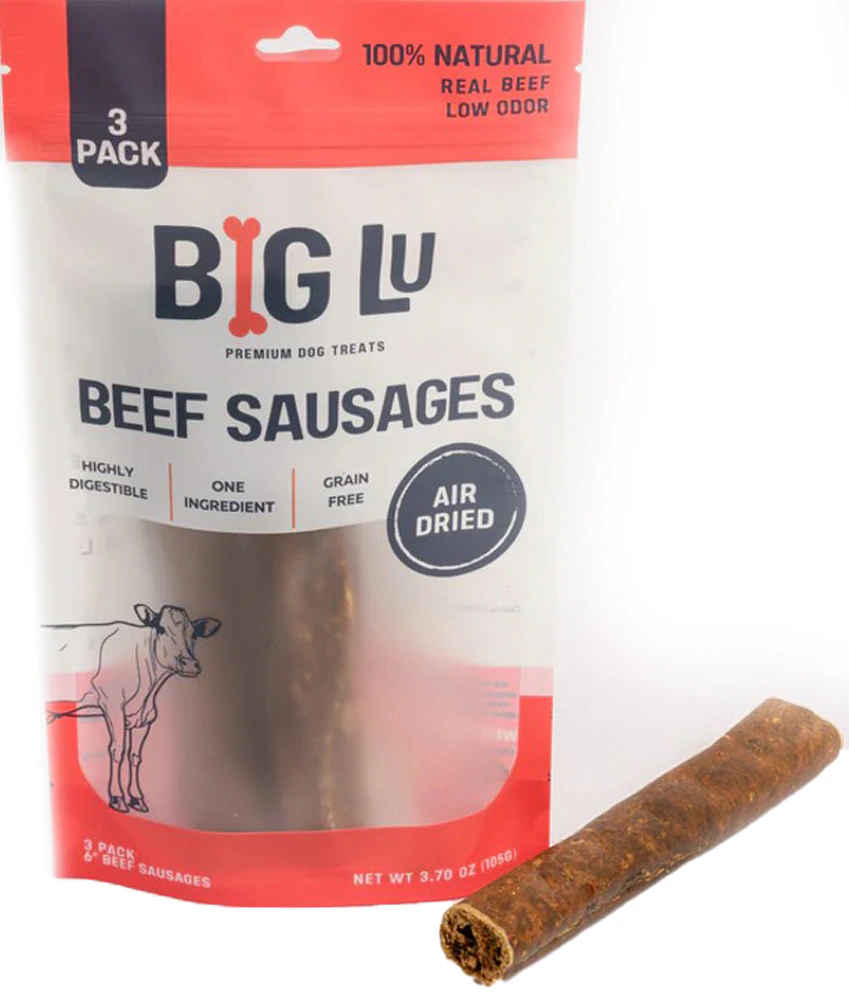 Big Lu Natural Dog Treats 6" Sausages Air Dried Beef -- 3 Pack