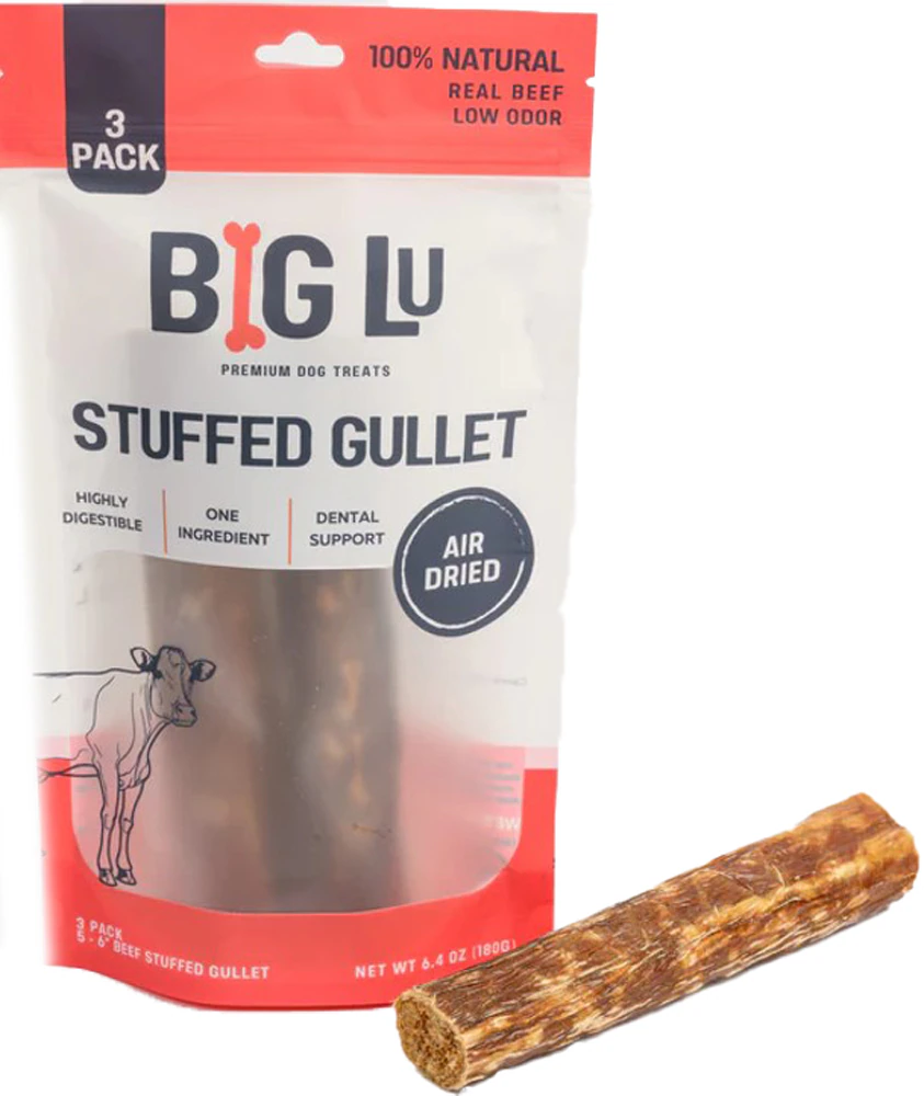 Big Lu Natural Dog Treats Beef Stuffed Gullet Air Dried -- 3 Pack