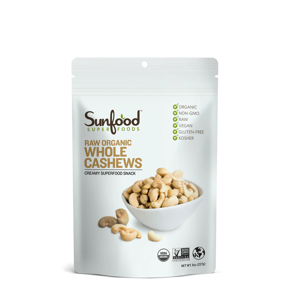 SunFood Raw Organic Whole Cashews -- 8 oz
