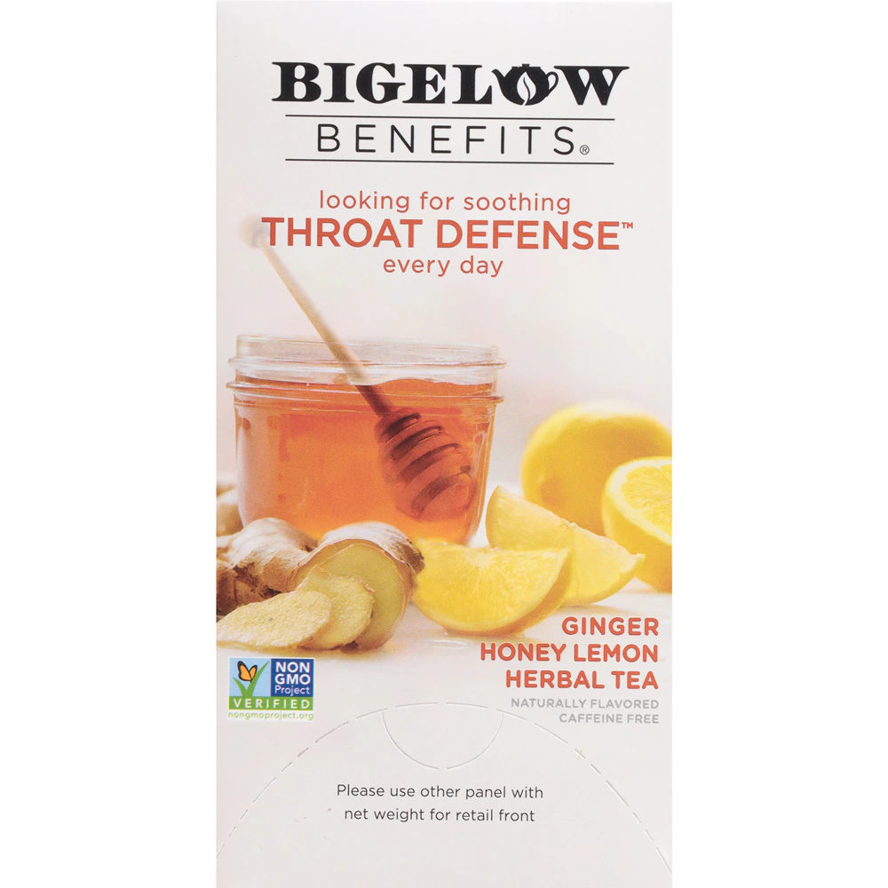 Bigelow Tea Benefits Caffeine Free Throat Defense Herbal Tea Ginger Honey Lemon -- 18 Tea Bags