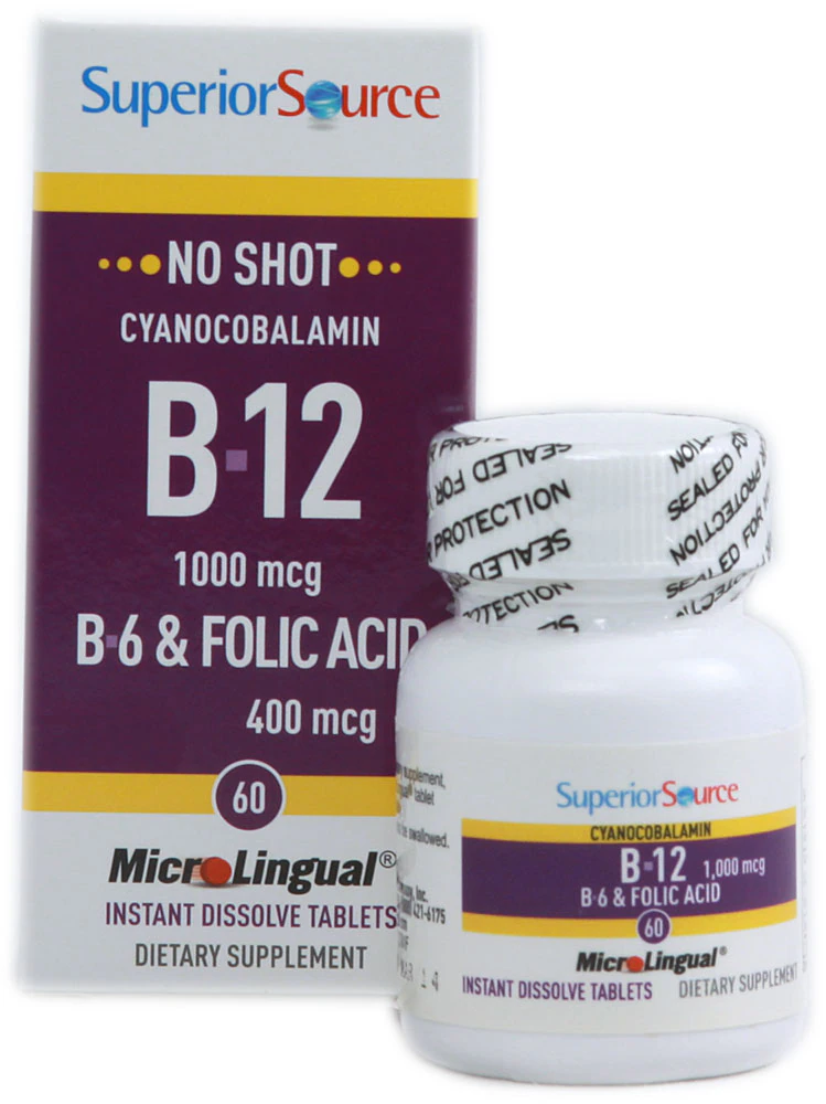 Superior Source No Shot B-12 Cyanocobalamin with B6 and Folic Acid -- 1000 mcg - 60 Instant Dissolve Tablets