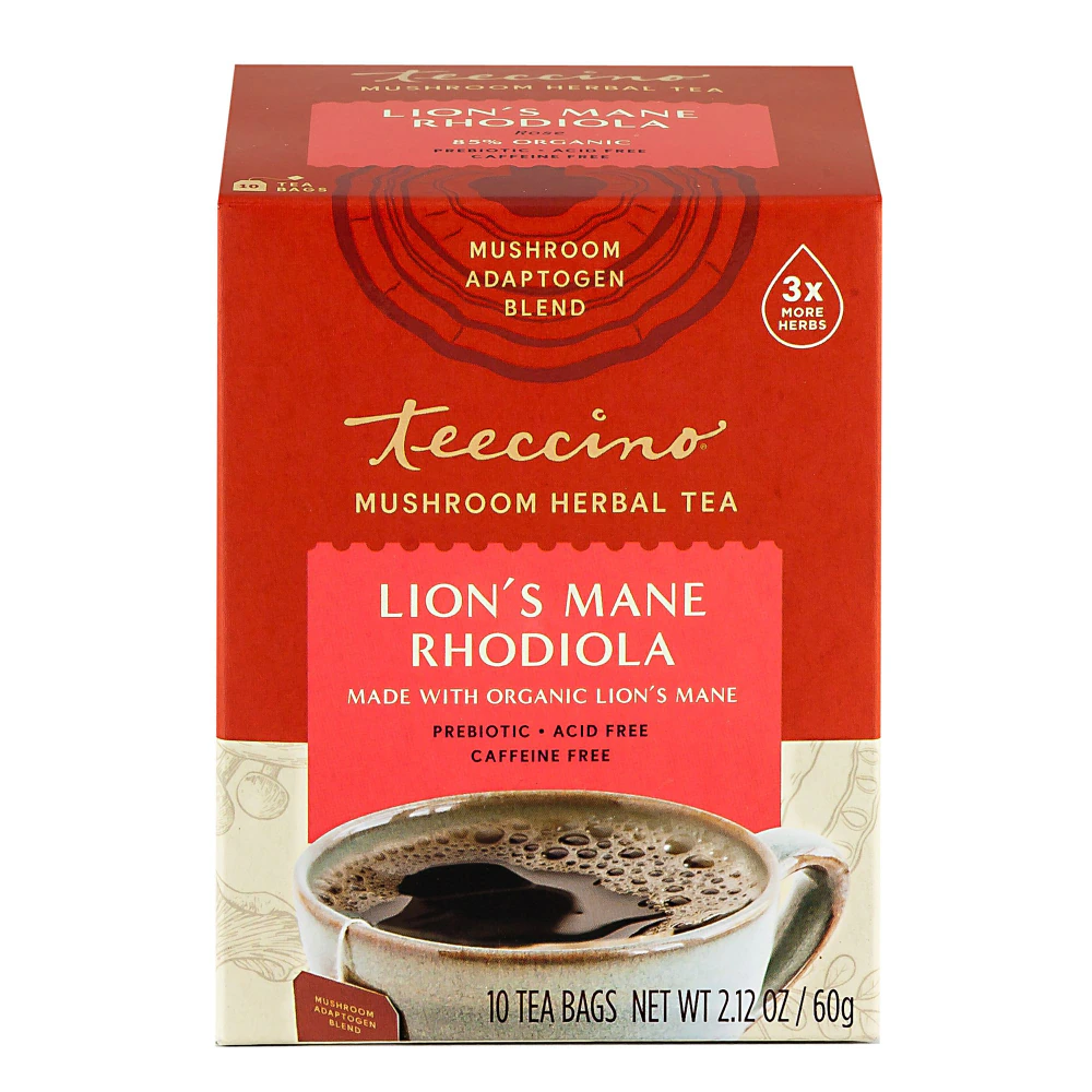 Teeccino Mushroom Herbal Tea Caffeine Free Lion's Mane Rhodiola Rose -- 10 Tea Bags