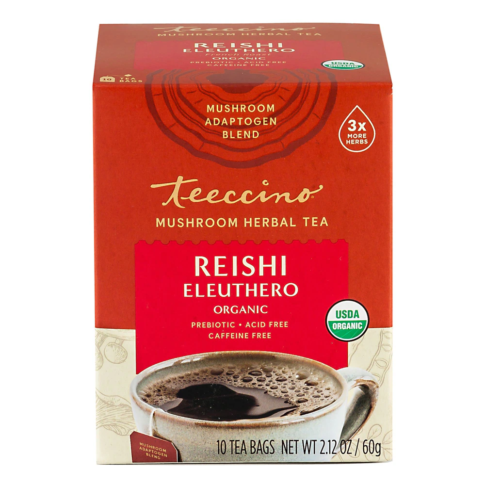 Teeccino Mushroom Herbal Tea Organic Caffeine Free Reishi Eleuthero French Roast -- 10 Tea Bags