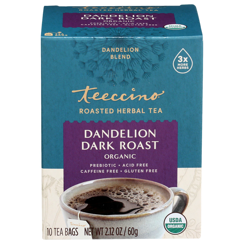 Teeccino Roasted Herbal Tea Organic Caffeine Free Dandelion Dark Roast -- 10 Tea Bags