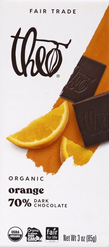 Theo Organic 70% Dark Chocolate Bar Orange -- 3 oz