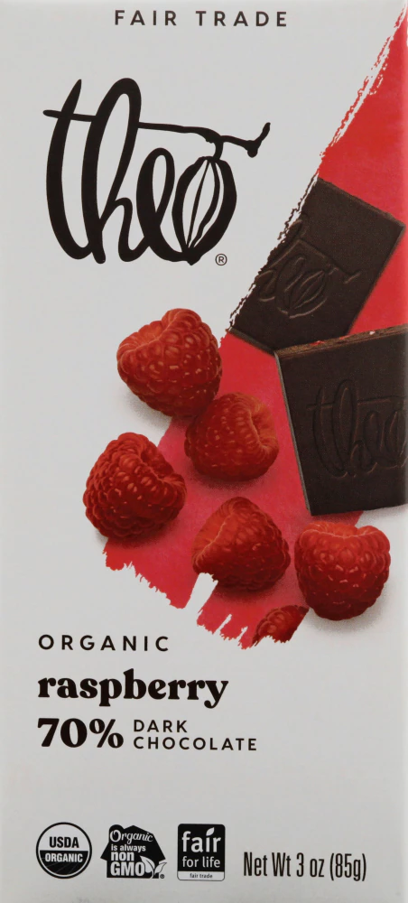 Theo Organic 70% Dark Chocolate Bar Raspberry -- 3 oz