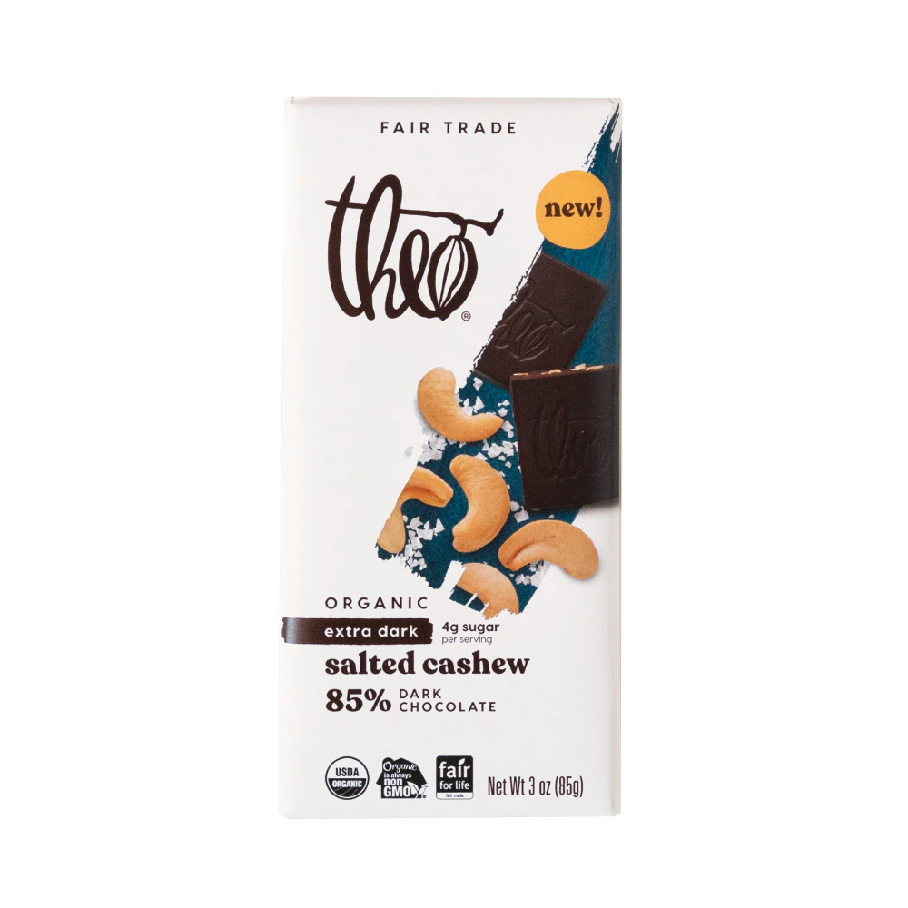 Theo Organic 85% Dark Chocolate Bar Salted Cashew -- 3 oz