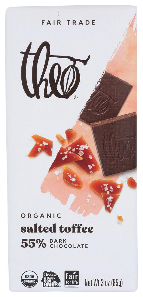 Theo Organic Fair Trade 55% Dark Chocolate Bar Salted Toffee -- 3 oz