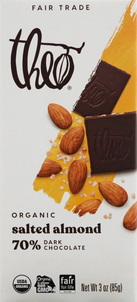 Theo Organic Fair Trade 70% Dark Chocolate Bar Salted Almond -- 3 oz