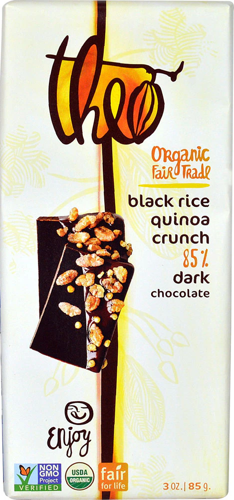 Theo Organic Fair Trade 85% Dark Chocolate Bar Black Rice Quinoa Crunch -- 3 oz