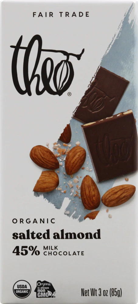 Theo Organic Milk Chocolate Bar Salted Almond -- 3 oz