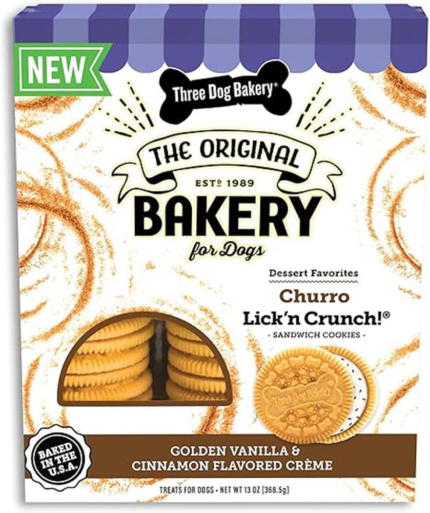 Three Dog Bakery Dog Treats Lick'n Crunch! Sandwich Cookies Churro Golden Vanilla & Cinnamon -- 13 oz