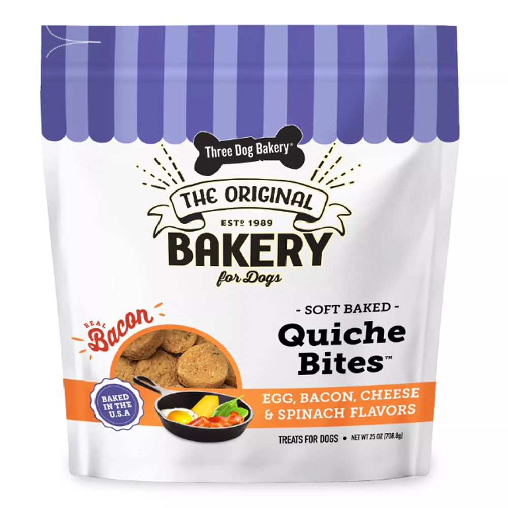 Three Dog Bakery Dog Treats Quiche Bites Soft Baked Egg Bacon Cheese Spinach -- 25 oz