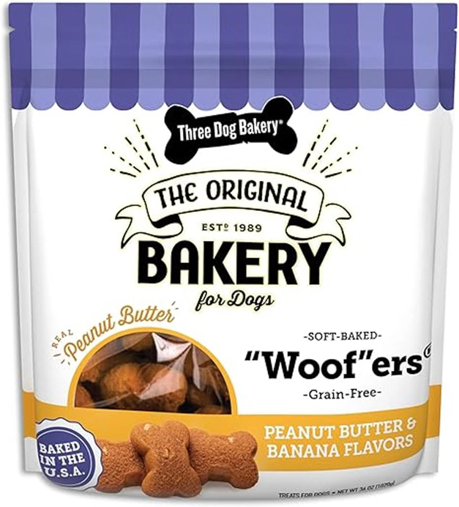 Three Dog Bakery Dog Treats Soft Baked Woofers Grain Free Peanut Butter & Banana -- 13 oz