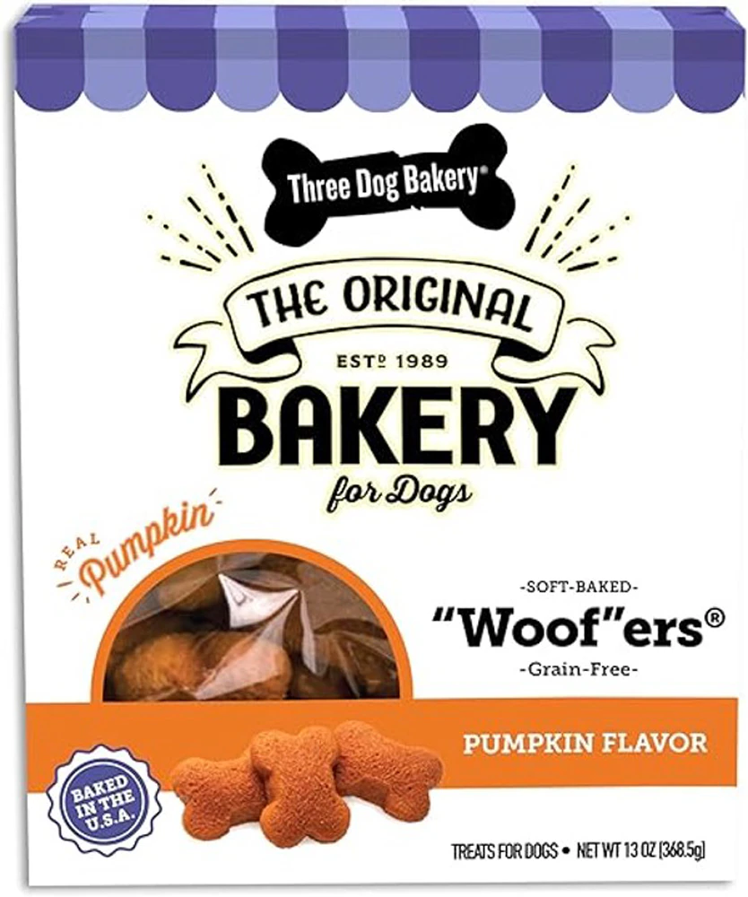Three Dog Bakery Dog Treats Soft Baked Woofers Grain Free Pumpkin -- 13 oz