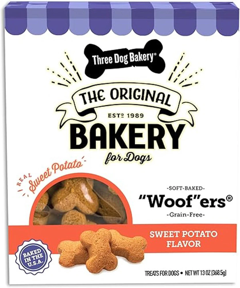 Three Dog Bakery Dog Treats Soft Baked Woofers Grain Free Sweet Potato -- 13 oz