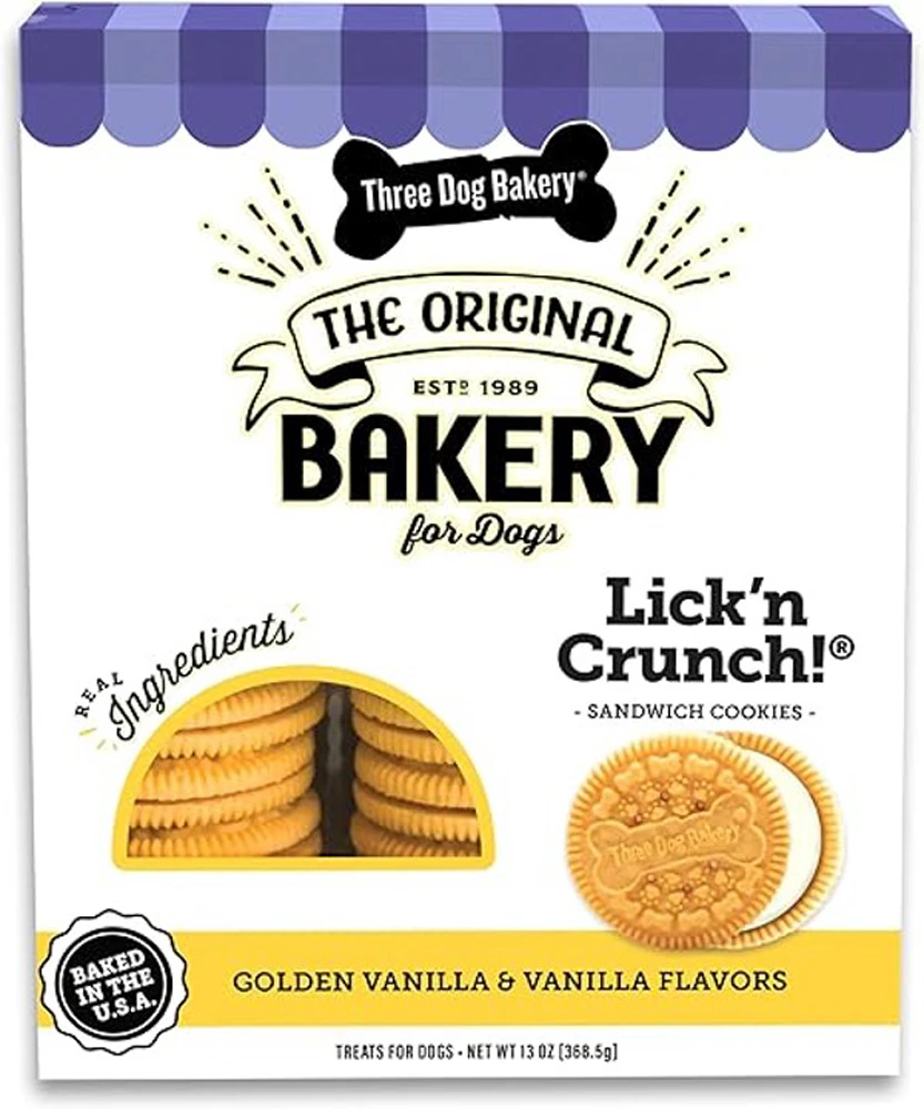 Three Dog Bakery Lick'n Crunch! Sandwich Cookies Dog Treats Golden & Vanilla -- 13 oz