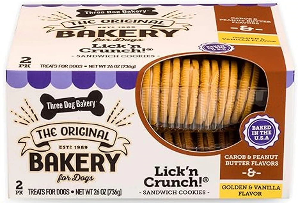 Three Dog Bakery Lick'n Crunch! Sandwich Cookies Dog Treats 2 FlavorPack Golden & Vanilla -- 26 oz