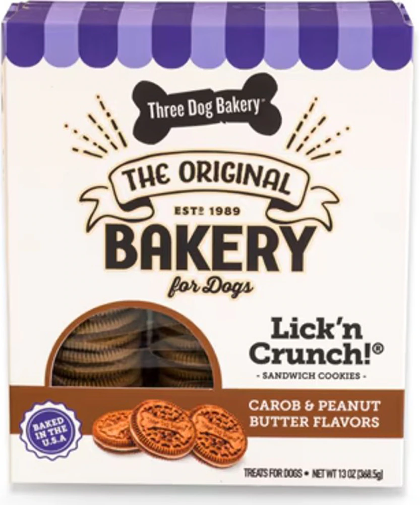 Three Dog Bakery Lick'n Crunch! Sandwich Cookies Dog Treats Carob & Peanut Butter -- 13 oz