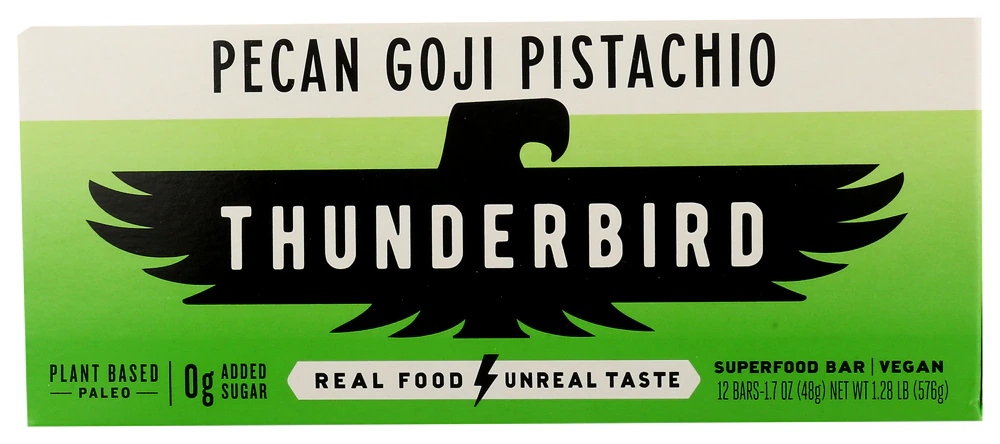 Thunderbird Vegan Gluten Free Superfood Bar Pecan Goji Pistachio -- 12 Bars