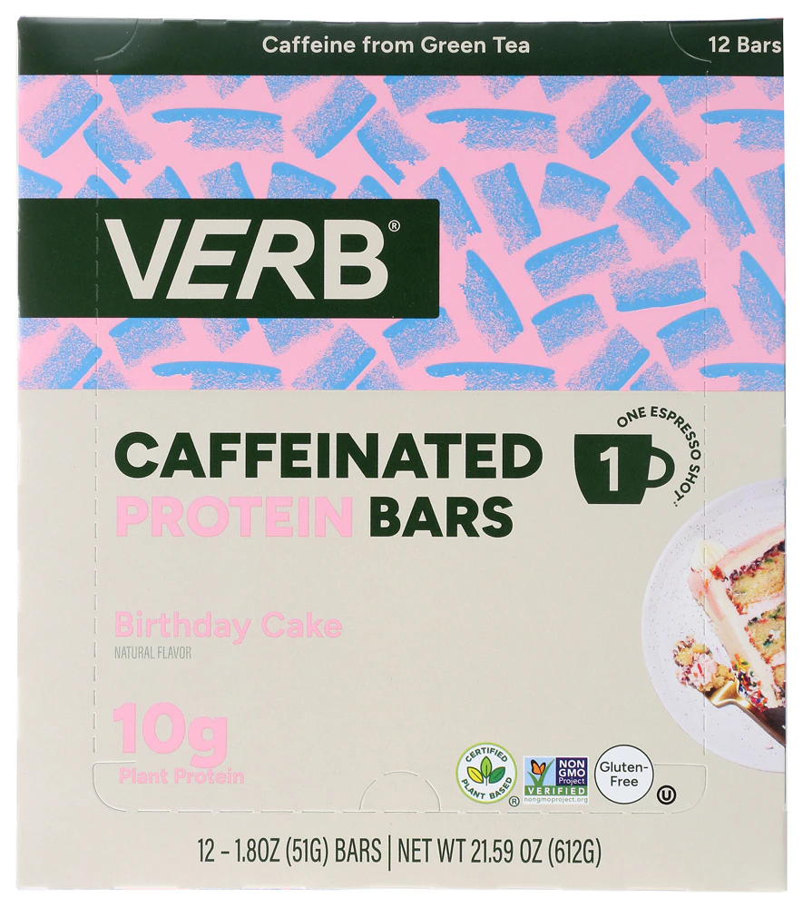 Verb Energy Caffeinated Protein Bar Birthday Cake -- 12 Bars