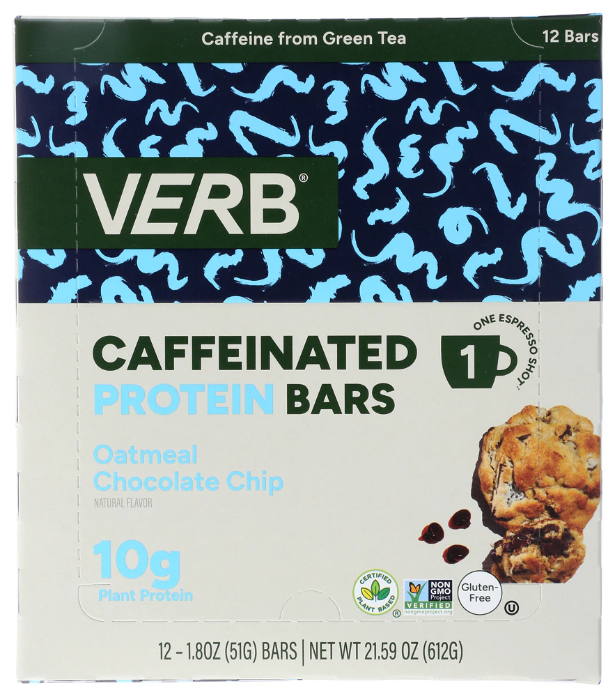 Verb Energy Caffeinated Protein Bar Oatmeal Chocolate Chip -- 12 Bars