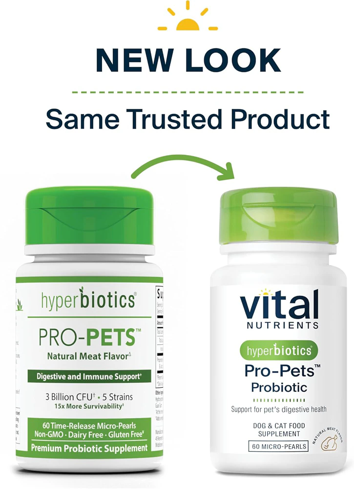 Vital Nutrients Hyperbiotics Pro-Pets Probiotic for Dogs & Cats Natural Meat Flavor -- 60 Micro-Pearls