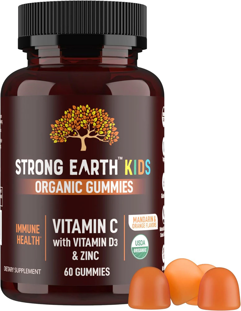 Yum V's Strong Earth Organic Vitamin C with Vitamin D3 & Zinc For Kids Mandarin & Orange -- 60 Gummies