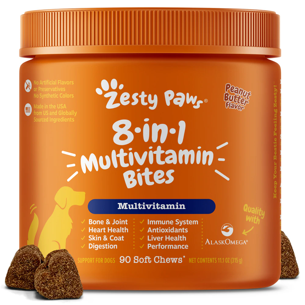 Zesty Paws 8-in-1 Multivitamin Bites Supplement for Dogs Peanut Butter -- 90 Soft Chews