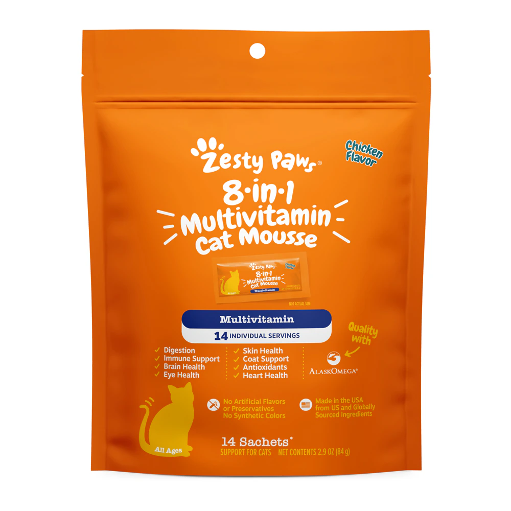 Zesty Paws 8-in-1 Multivitamin Cat Lickable Supplement Chicken Mousse -- 14 Pouches