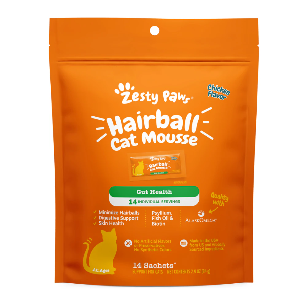 Zesty Paws Hairball Digestion Cat Lickable Supplement Chicken Mousse -- 14 Pouches