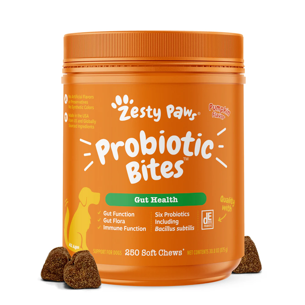 Zesty Paws Probiotic Bites Gut Flora & Digestive Supplement for Dogs Pumpkin -- 250 Soft Chews