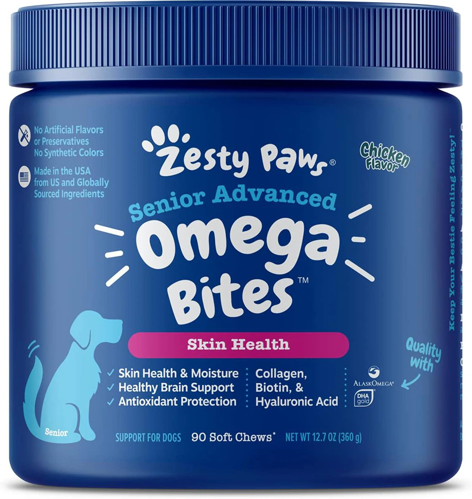 Zesty Paws Senior Advanced Omega Bites Skin Health Dog Supplement Chicken -- 90 Soft Chews