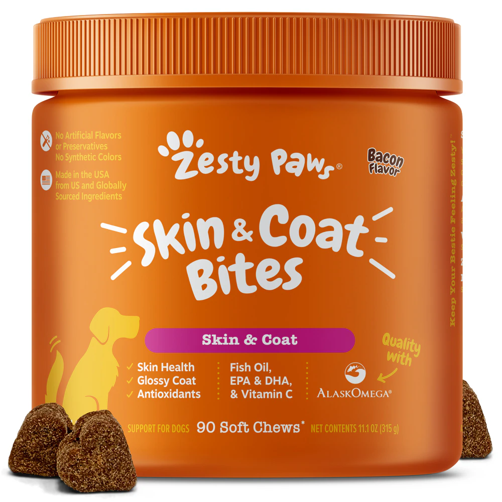 Zesty Paws Skin & Coat Fish Oil & Omega-3 Supplement for Dogs Bacon -- 90 Soft Chews