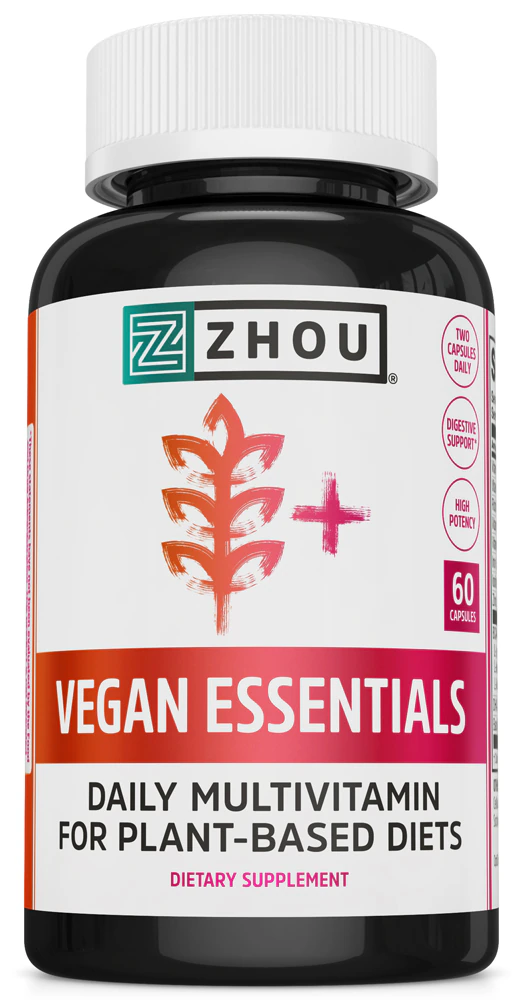 Zhou Vegan Essentials Daily Multivitamin for Plant Based Diets -- 60 Capsules