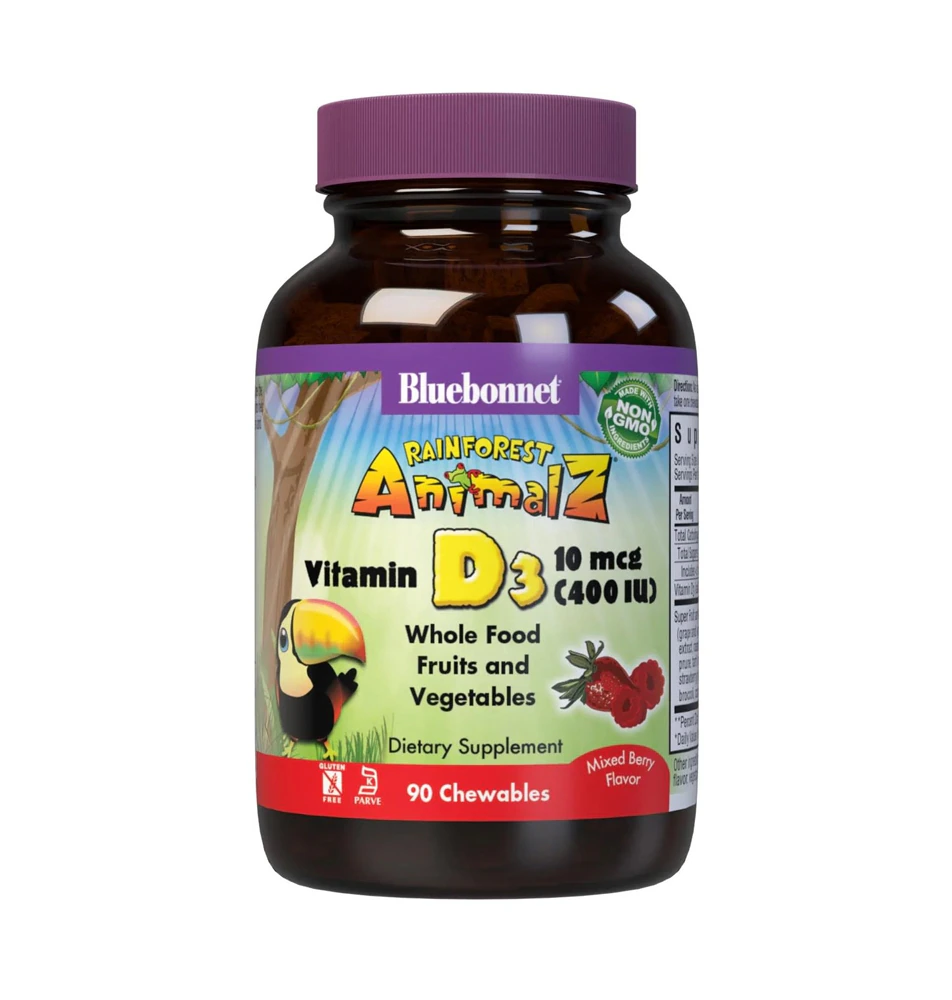 Bluebonnet Nutrition Super Earth Rainforest Animalz Vitamin D3 Mixed Berry -- 400 IU - 90 Chewable Tablets